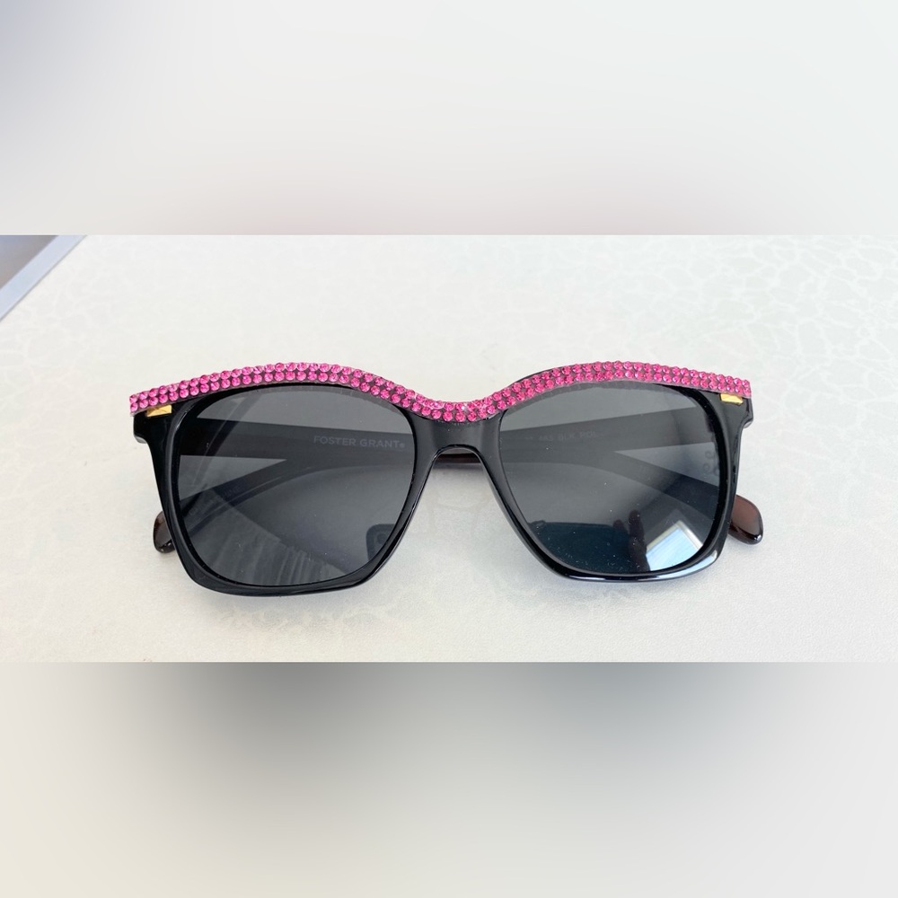 Foster Grant Black Sunglasses with Pink Crystal Rhinestone Trim - Picture 3 of 6